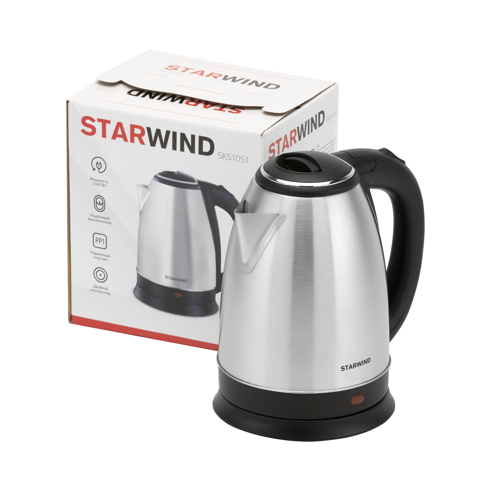 Чайник электрический Starwind SKS1051 серебристый матовый/черный, нержавеющая сталь/пластик от магазина Старвинд