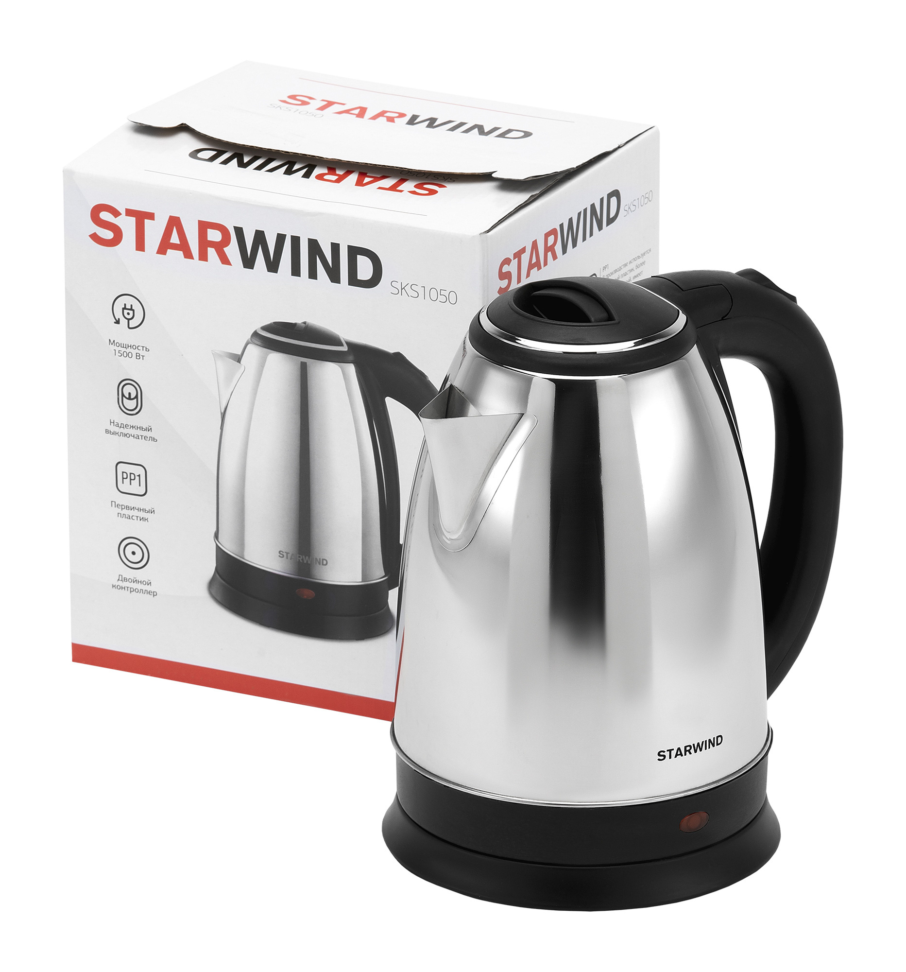 Чайник электрический Starwind SKS1050 серебристый/черный, нержавеющая сталь/пластик от магазина Старвинд